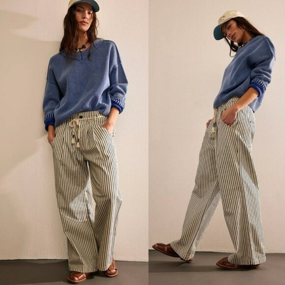 Free People Pants - NWT Free People Dakota Cinched Pull On Pants Jeans Washed Railroad Stripe
